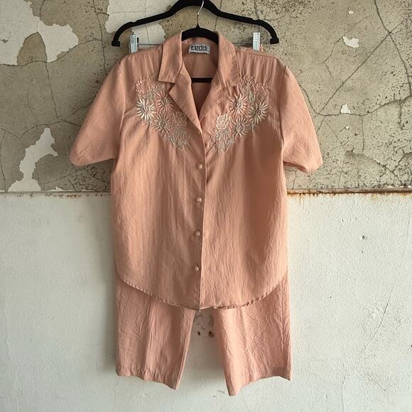 Vintage Cottagecore Embroidered Lounge Set Peach Button Shirt Pants - Picture 1 of 8